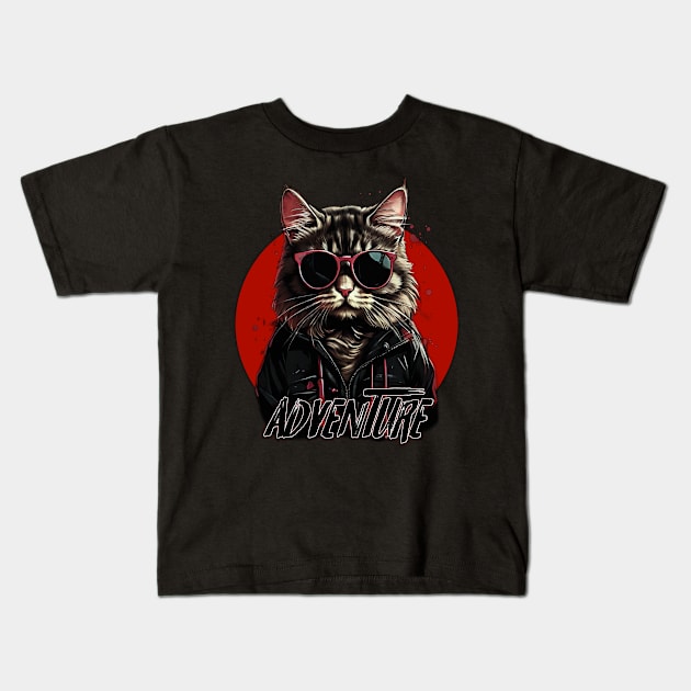 Adventure Retro Cat Design Kids T-Shirt by Mustapha Sani Muhammad